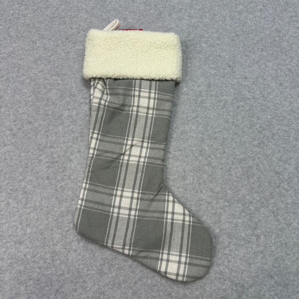 Holiday Home Christmas Farmhouse Stocking 18.5" Gray Plaid White Faux Fur Cuff
